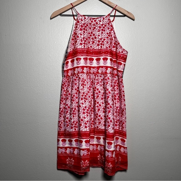 THML Women Mini Dress XS Red Embroidered‎ Boho Keyhole Summer Halter Artsy - Picture 8 of 11